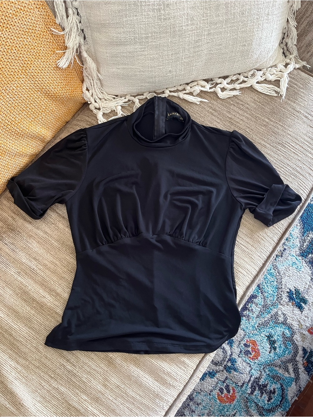 Black Mock Neck Short Sleeve Top with Puff Shoulders